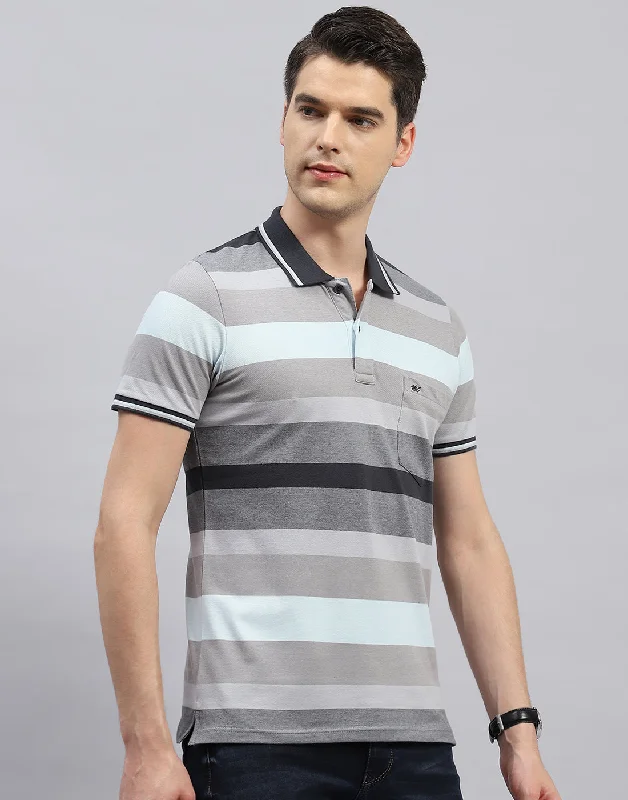 Men Grey Stripe Polo Collar Half Sleeve T-Shirt