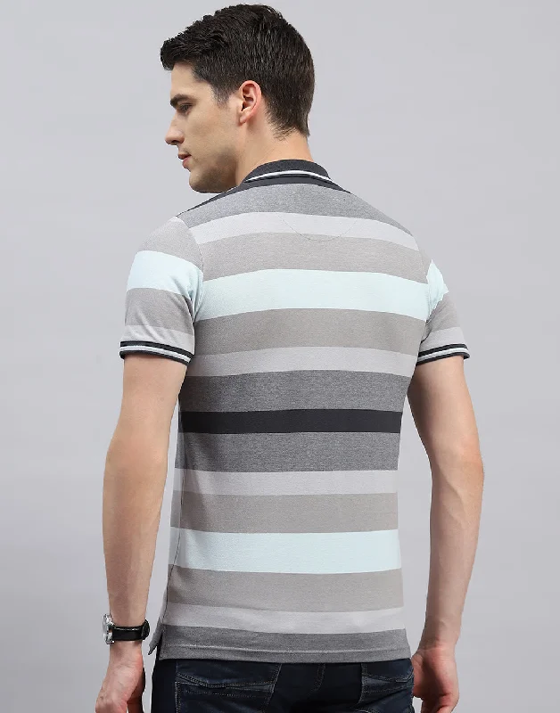 Men Grey Stripe Polo Collar Half Sleeve T-Shirt