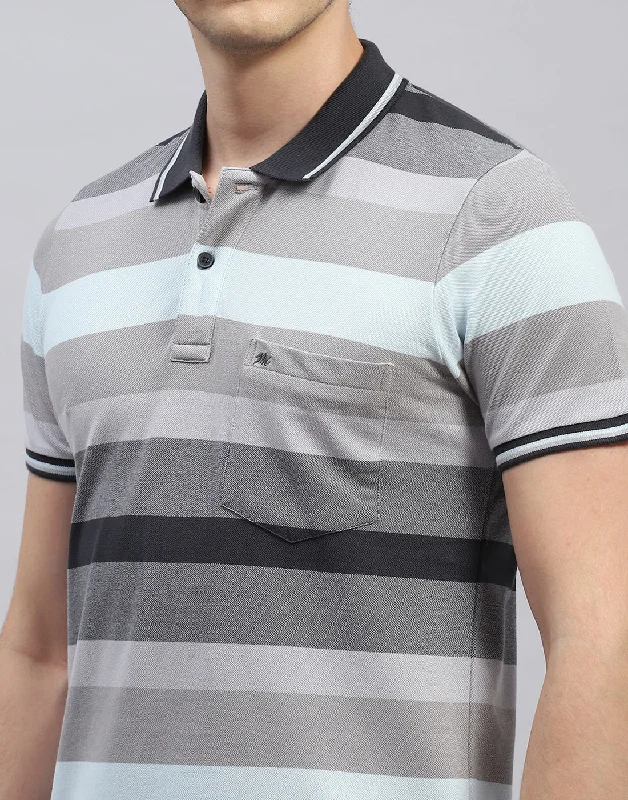 Men Grey Stripe Polo Collar Half Sleeve T-Shirt