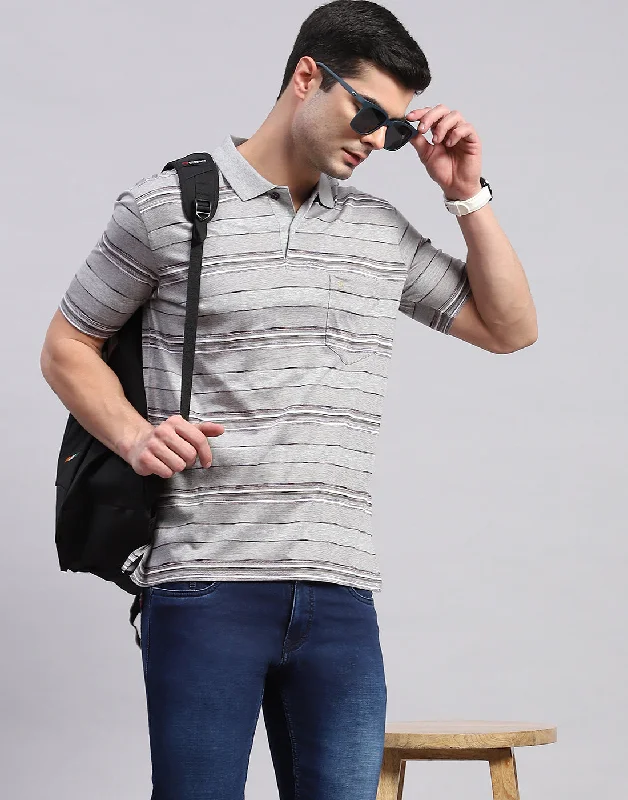 Men Grey Stripe Polo Collar Half Sleeve T-Shirt