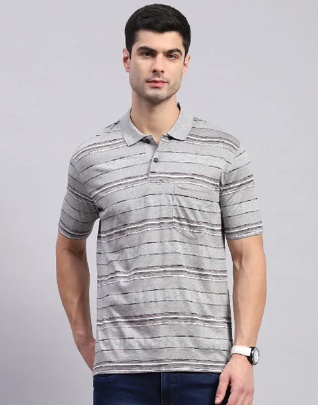 Men Grey Stripe Polo Collar Half Sleeve T-Shirt