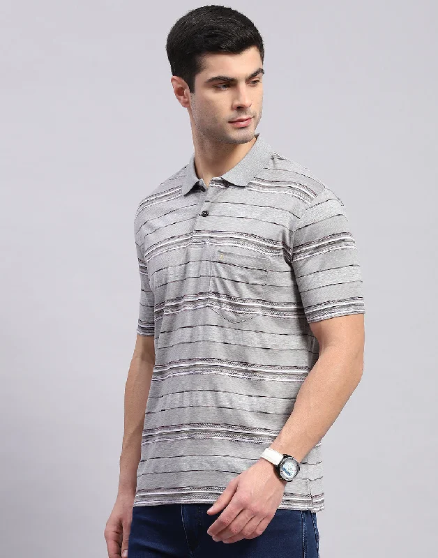 Men Grey Stripe Polo Collar Half Sleeve T-Shirt