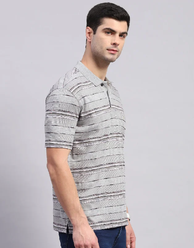 Men Grey Stripe Polo Collar Half Sleeve T-Shirt