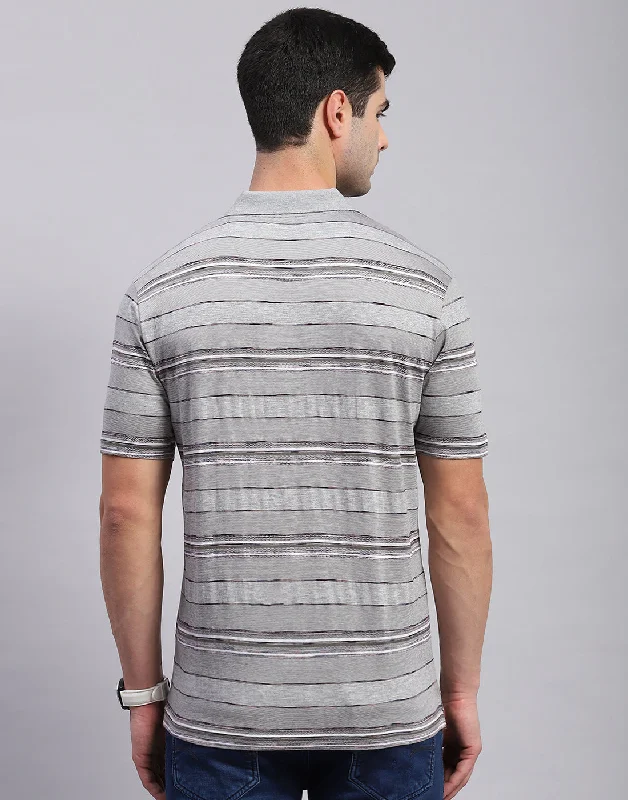 Men Grey Stripe Polo Collar Half Sleeve T-Shirt