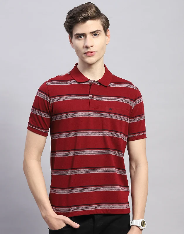 Men Maroon Stripe Polo Collar Half Sleeve T-Shirt