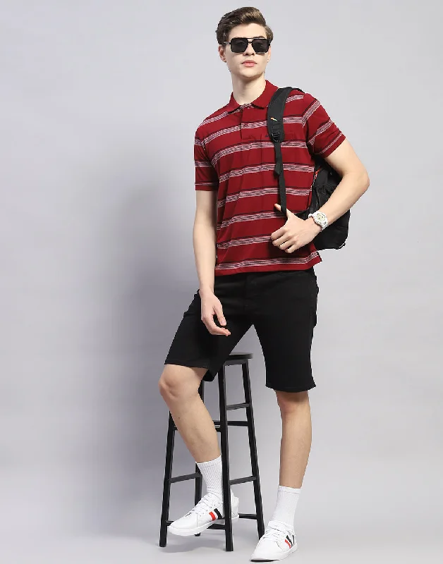 Men Maroon Stripe Polo Collar Half Sleeve T-Shirt