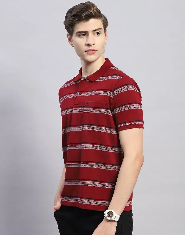 Men Maroon Stripe Polo Collar Half Sleeve T-Shirt