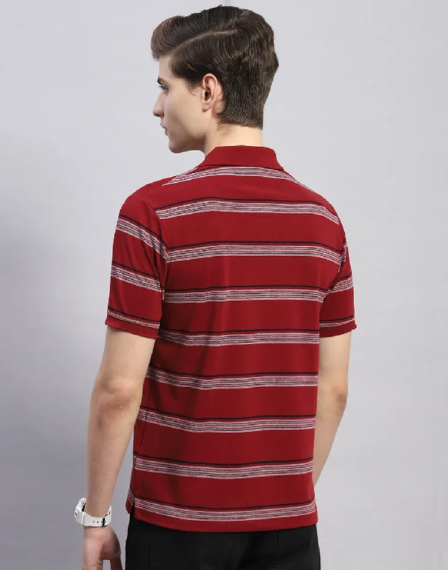 Men Maroon Stripe Polo Collar Half Sleeve T-Shirt