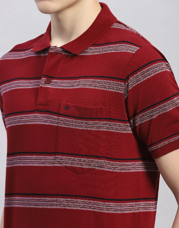 Men Maroon Stripe Polo Collar Half Sleeve T-Shirt