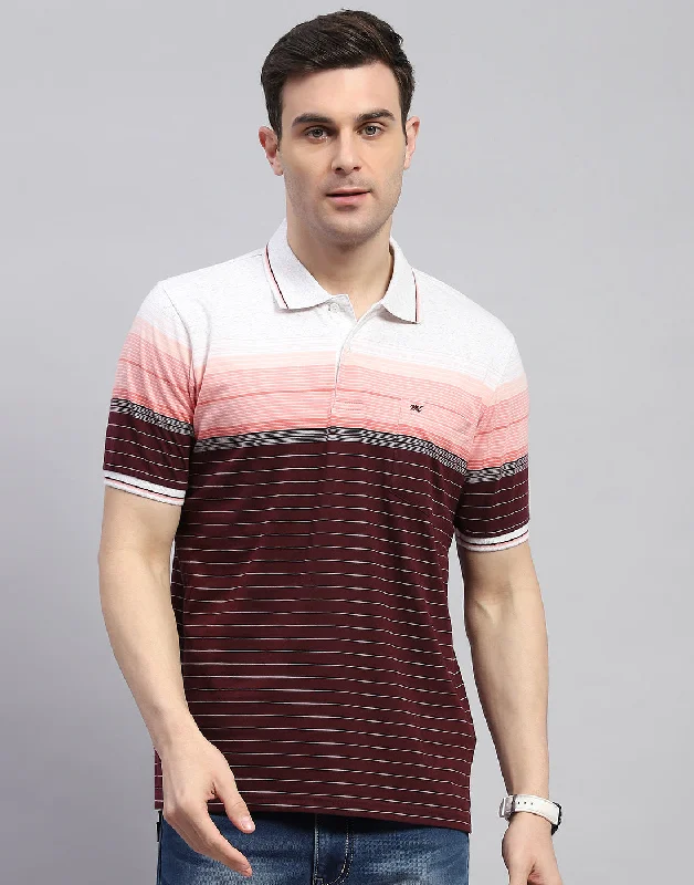 Men Maroon Stripe Polo Collar Half Sleeve T-Shirt