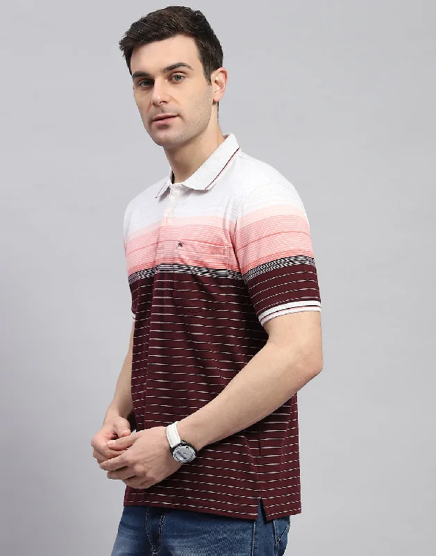 Men Maroon Stripe Polo Collar Half Sleeve T-Shirt