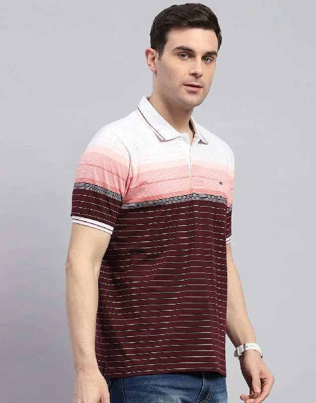 Men Maroon Stripe Polo Collar Half Sleeve T-Shirt