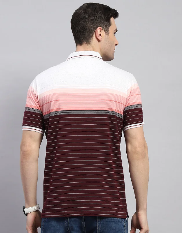 Men Maroon Stripe Polo Collar Half Sleeve T-Shirt