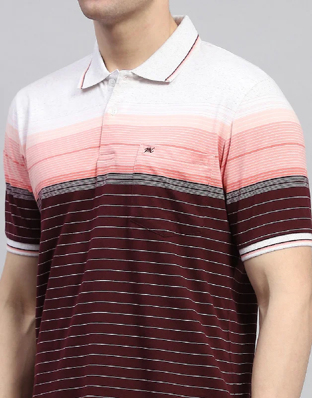 Men Maroon Stripe Polo Collar Half Sleeve T-Shirt