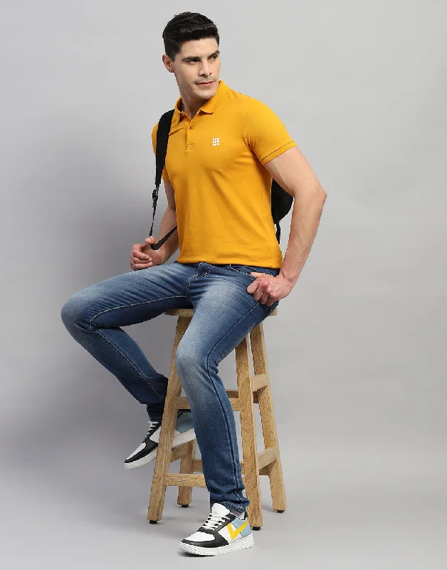 Men Mustard Solid Polo Collar Half Sleeve T-Shirt