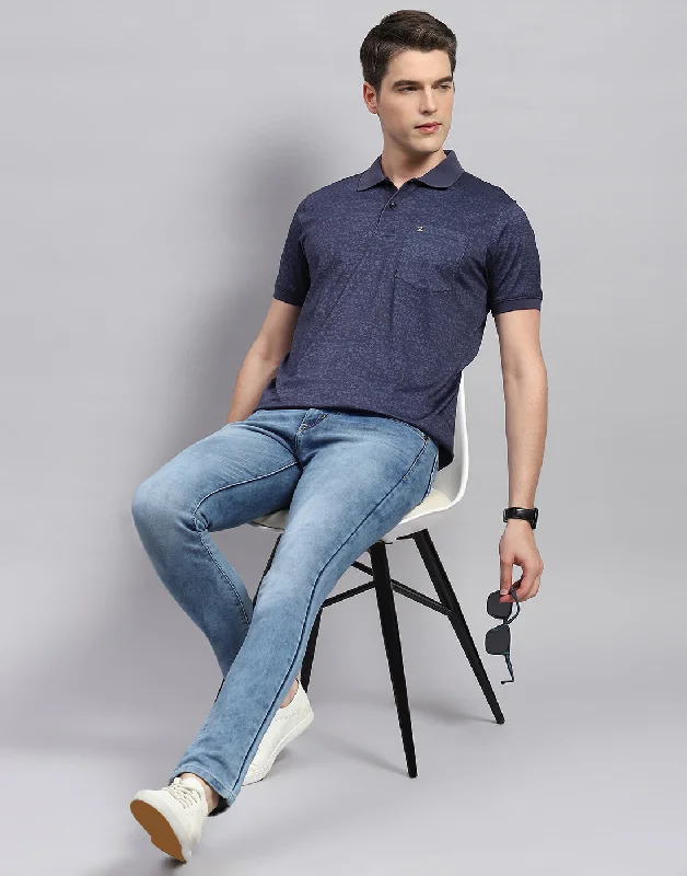 Men Navy Blue Printed Polo Collar Half Sleeve T-Shirt