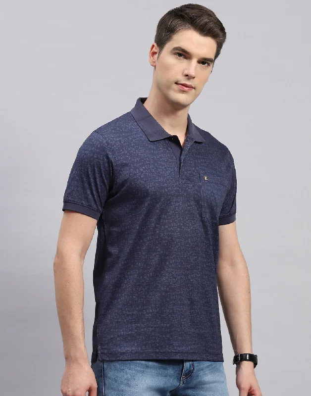 Men Navy Blue Printed Polo Collar Half Sleeve T-Shirt