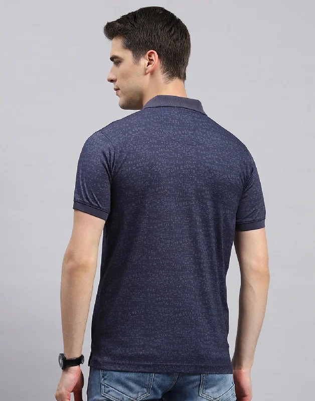 Men Navy Blue Printed Polo Collar Half Sleeve T-Shirt