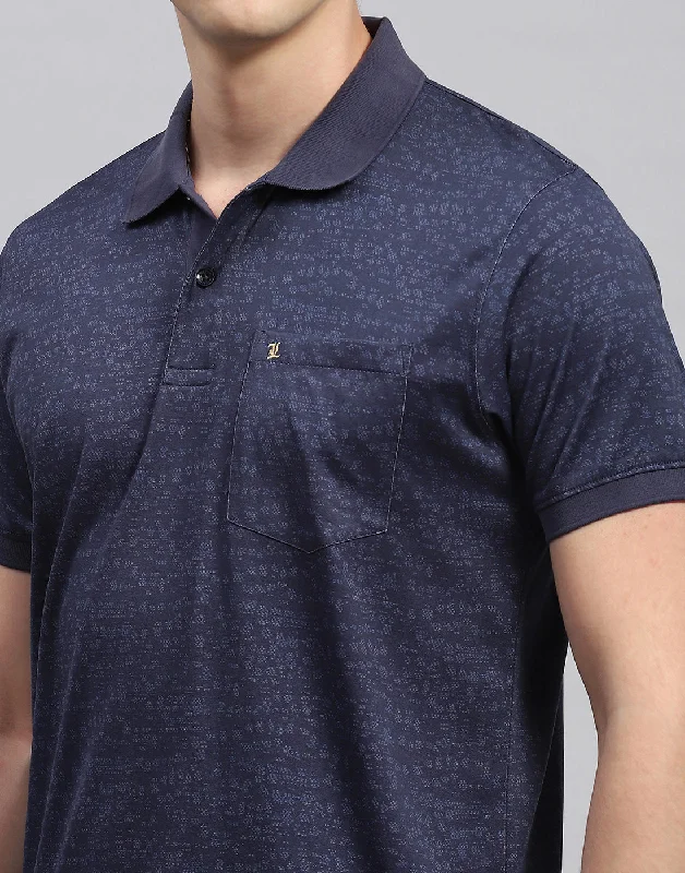 Men Navy Blue Printed Polo Collar Half Sleeve T-Shirt