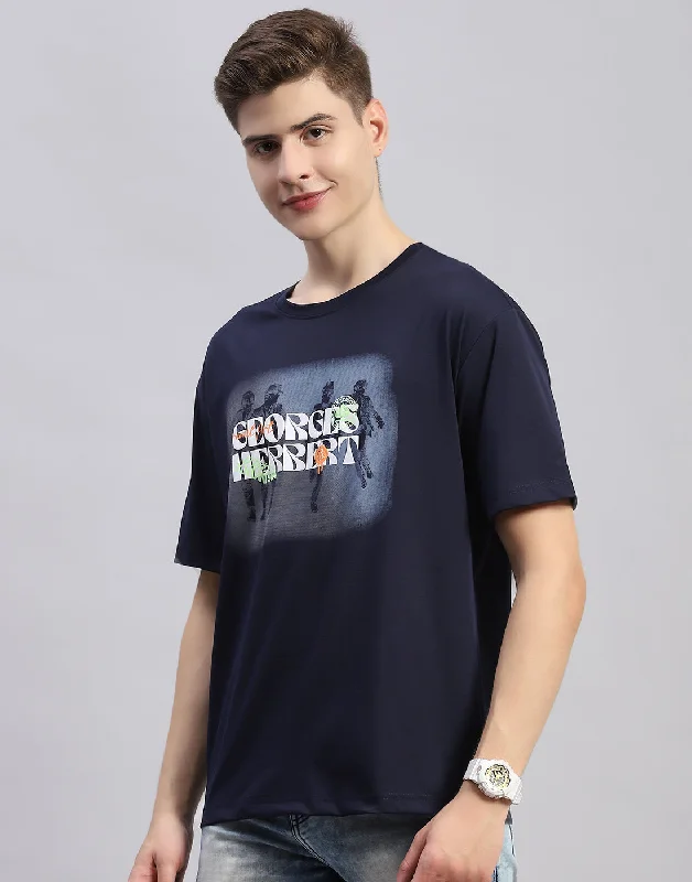 Men Navy Blue Printed Round Neck Half Sleeve T-Shirt