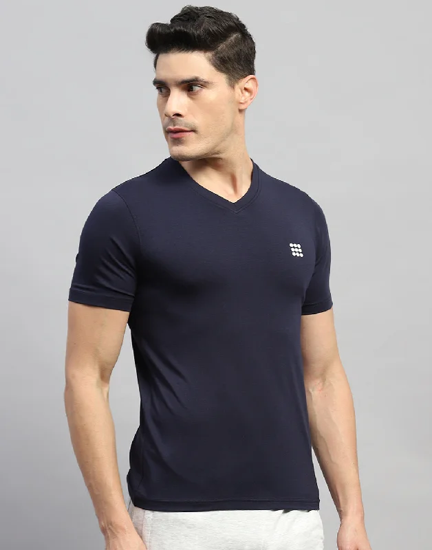 Men Navy Blue Solid V Neck Half Sleeve T-Shirt