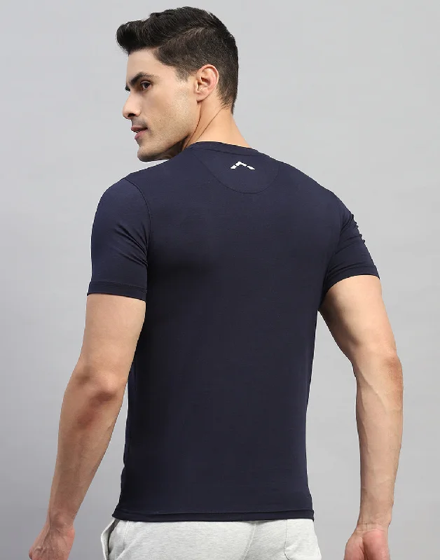 Men Navy Blue Solid V Neck Half Sleeve T-Shirt