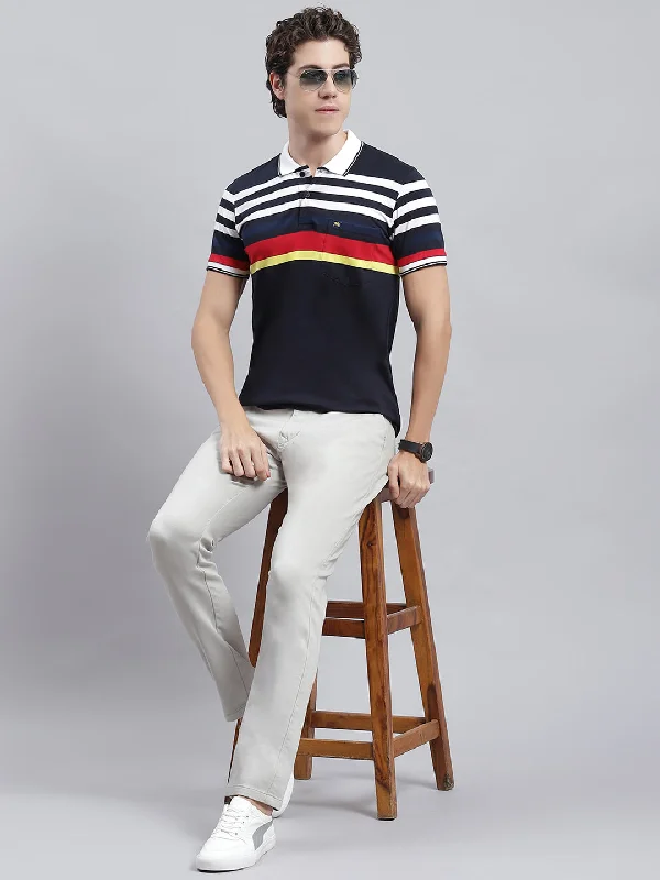 Men Navy Blue Stripe T-Shirt