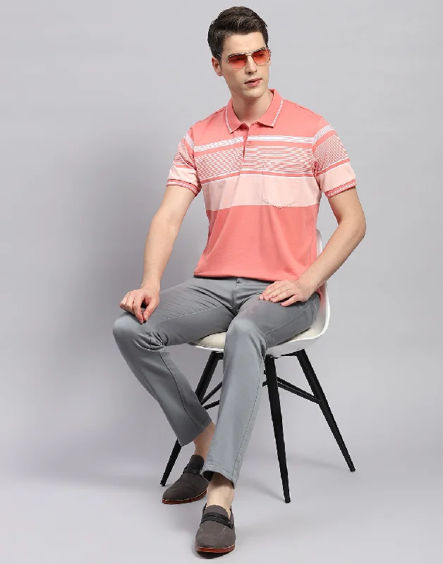 Men Pink Stripe Collar Neck Half Sleeve T-Shirt