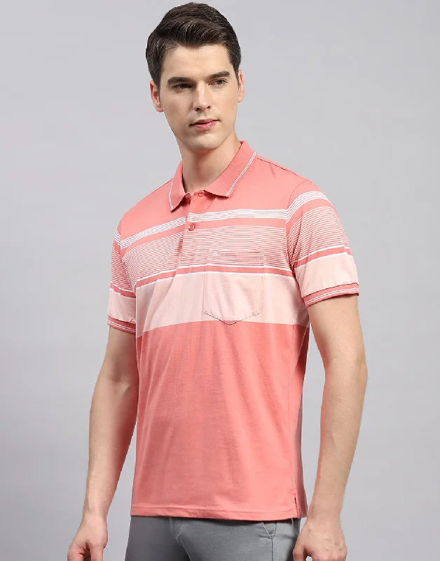 Men Pink Stripe Collar Neck Half Sleeve T-Shirt