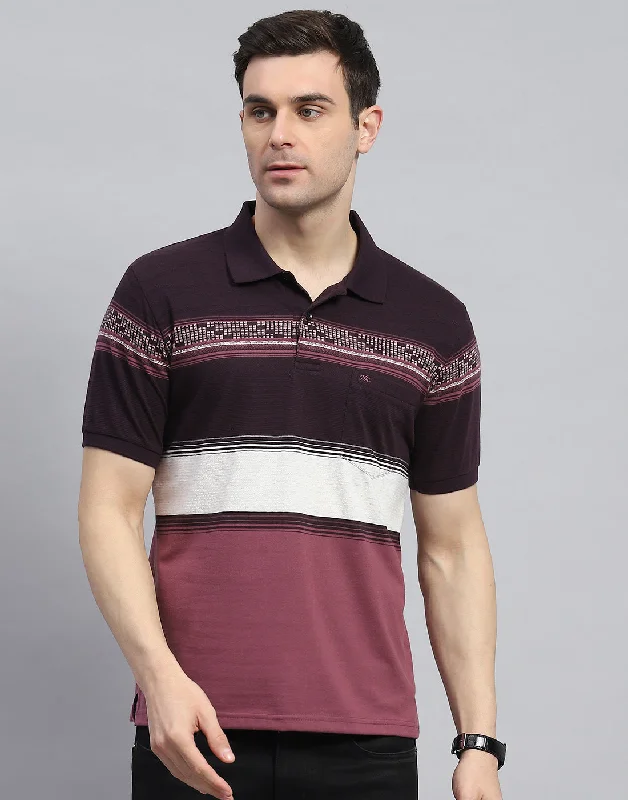 Men Purple Stripe Polo Collar Half Sleeve T-Shirt