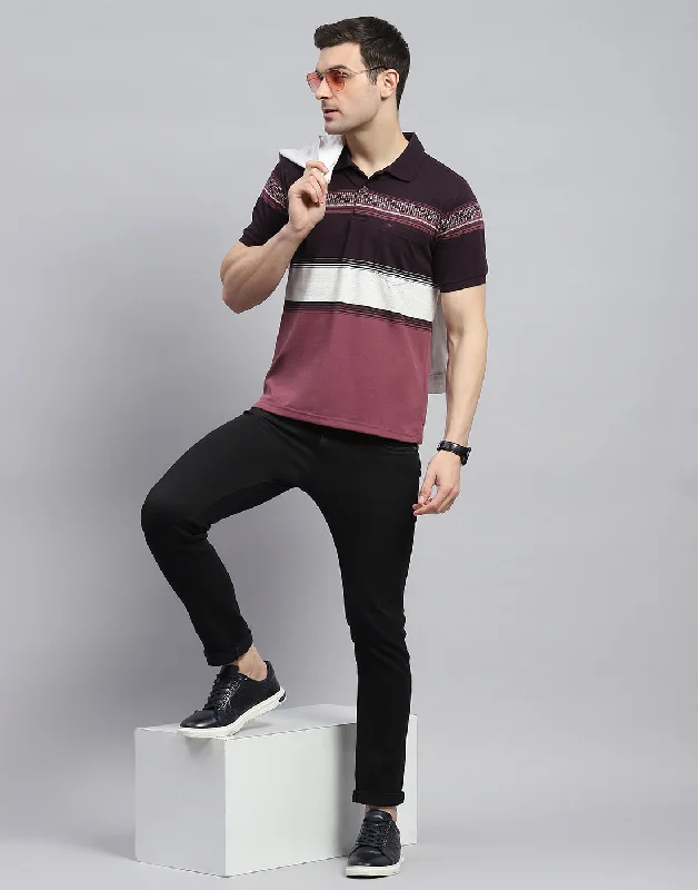 Men Purple Stripe Polo Collar Half Sleeve T-Shirt