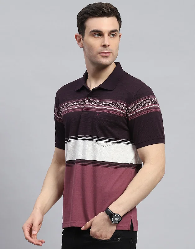 Men Purple Stripe Polo Collar Half Sleeve T-Shirt