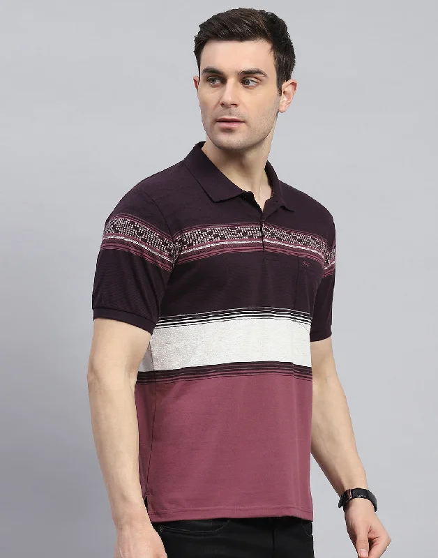 Men Purple Stripe Polo Collar Half Sleeve T-Shirt