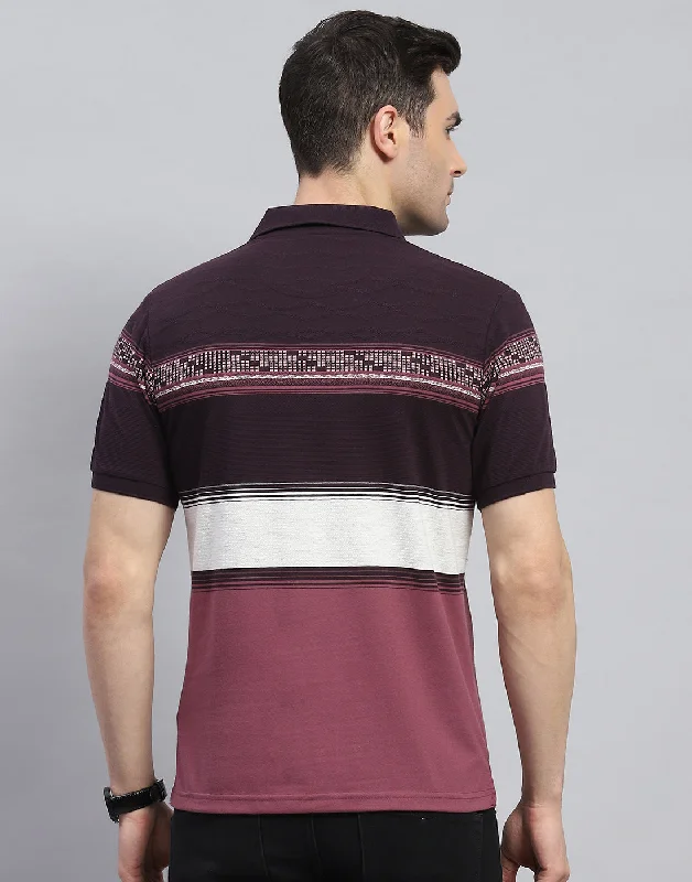 Men Purple Stripe Polo Collar Half Sleeve T-Shirt