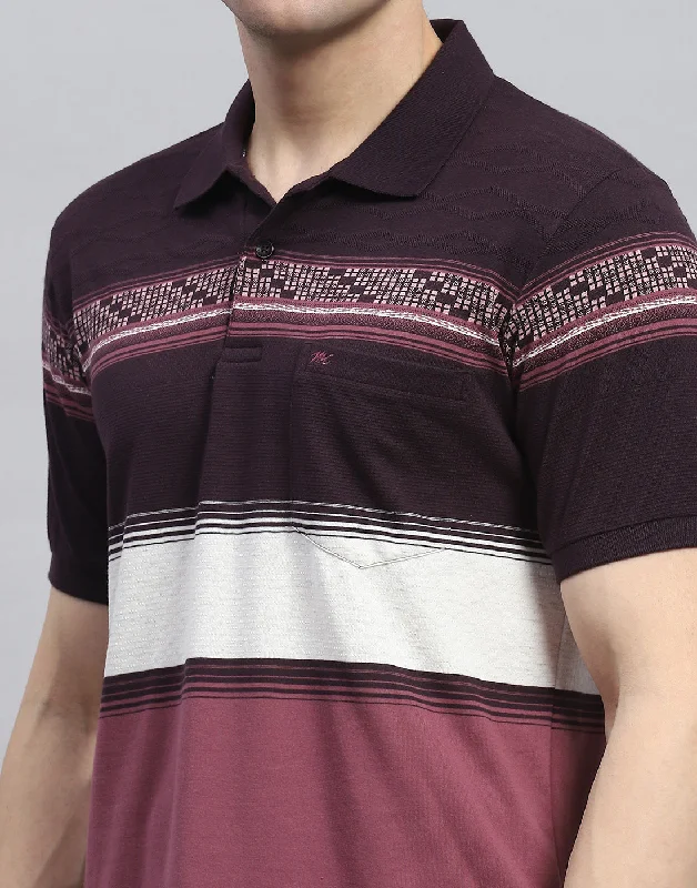 Men Purple Stripe Polo Collar Half Sleeve T-Shirt