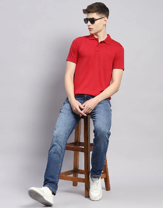 Men Red Solid Polo Collar Half Sleeve T-Shirt