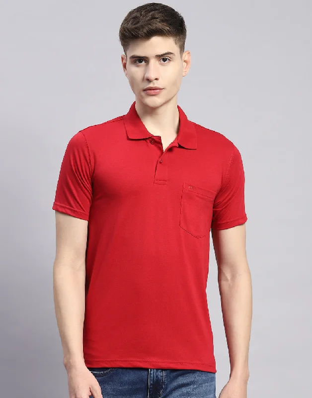 Men Red Solid Polo Collar Half Sleeve T-Shirt