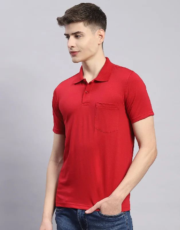 Men Red Solid Polo Collar Half Sleeve T-Shirt