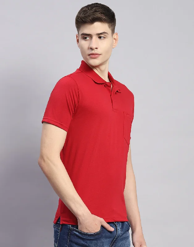 Men Red Solid Polo Collar Half Sleeve T-Shirt