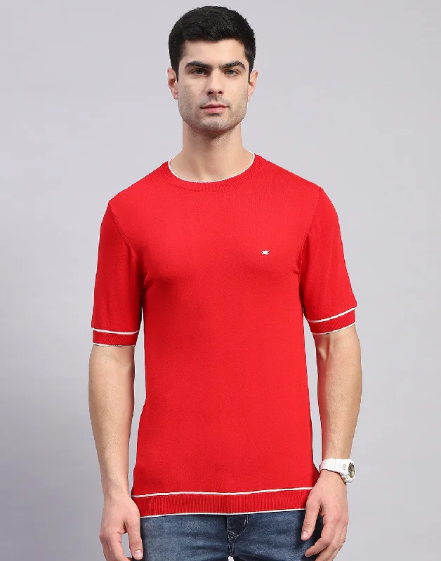 Men Red Solid Round Neck Half Sleeve T-Shirt