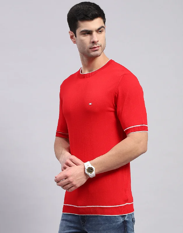 Men Red Solid Round Neck Half Sleeve T-Shirt