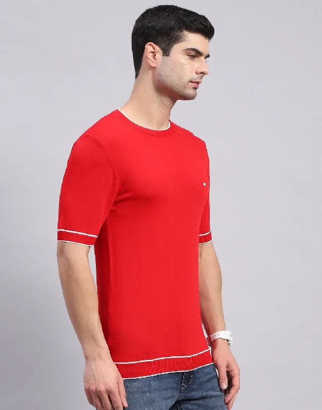 Men Red Solid Round Neck Half Sleeve T-Shirt