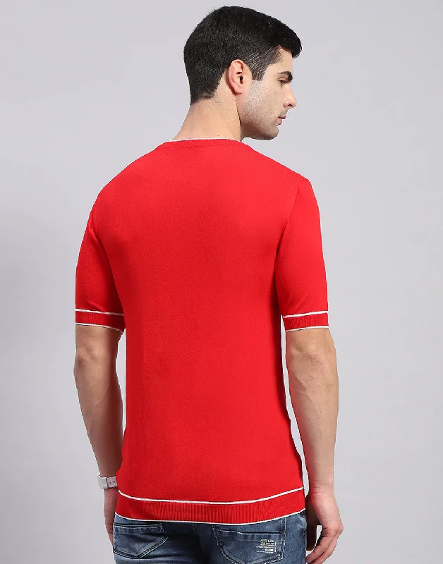 Men Red Solid Round Neck Half Sleeve T-Shirt