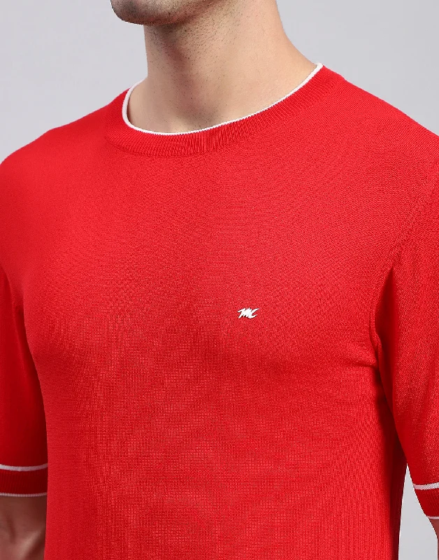 Men Red Solid Round Neck Half Sleeve T-Shirt