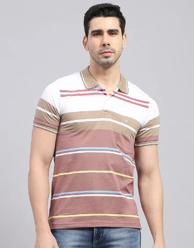 Men Red Stripe Polo Collar Half Sleeve T-Shirt