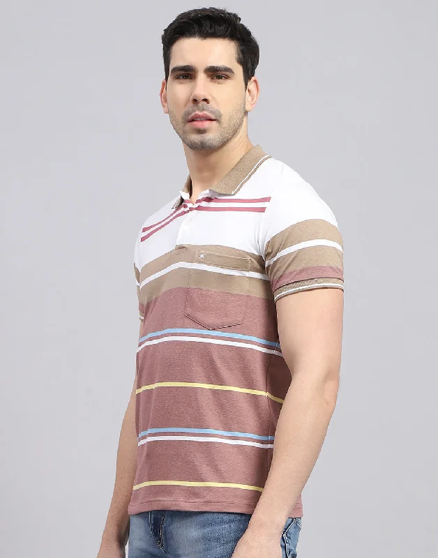 Men Red Stripe Polo Collar Half Sleeve T-Shirt