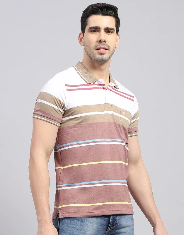 Men Red Stripe Polo Collar Half Sleeve T-Shirt