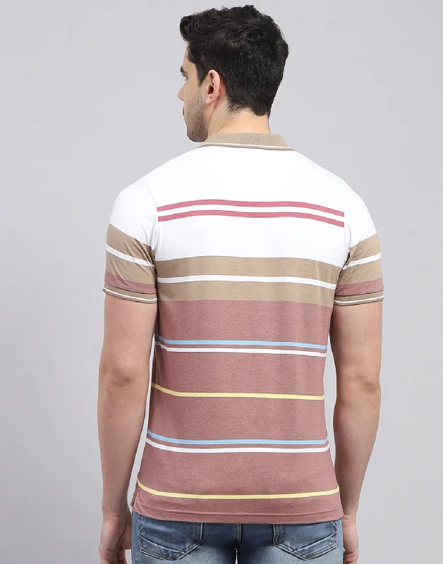 Men Red Stripe Polo Collar Half Sleeve T-Shirt