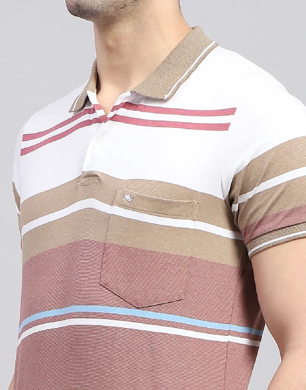 Men Red Stripe Polo Collar Half Sleeve T-Shirt