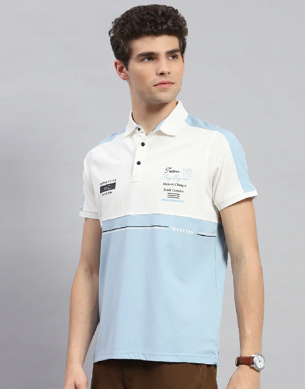 Men Sky Blue Printed Polo Collar Half Sleeve T-Shirt